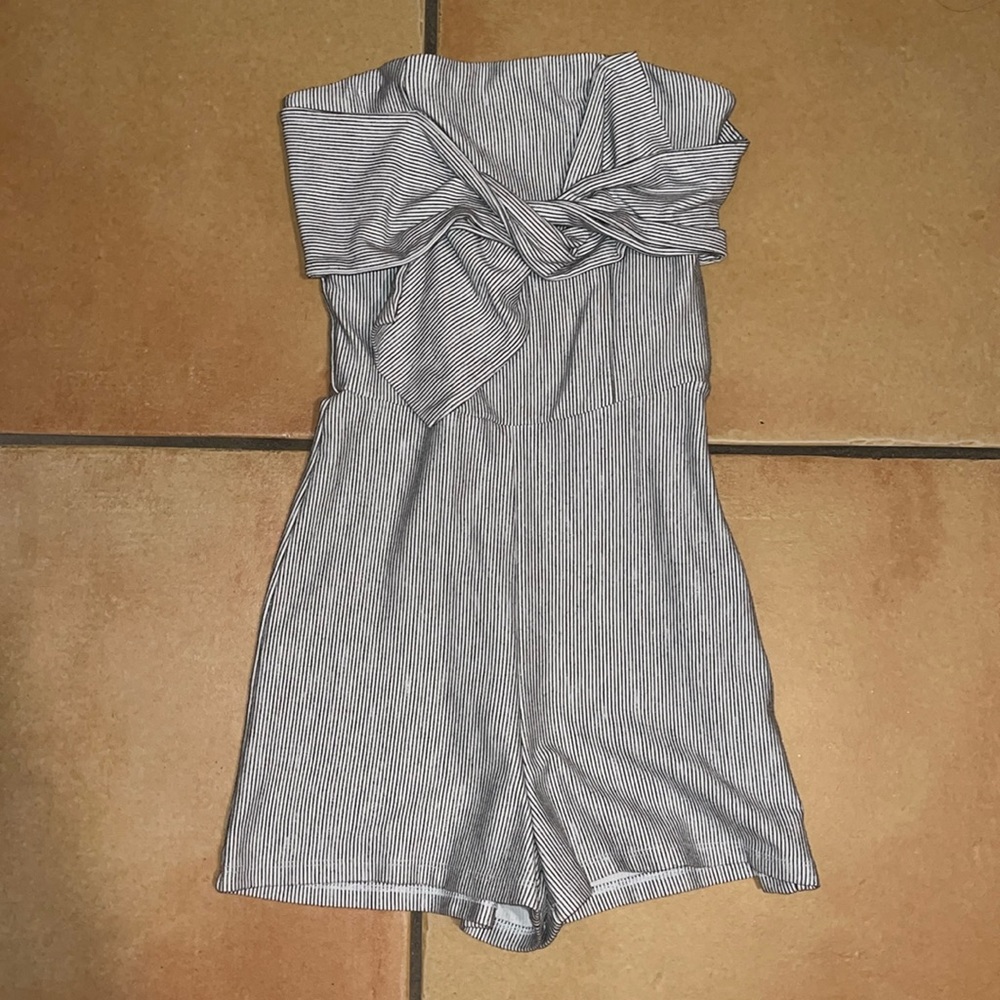 ZARA Basic Stripe Bow Ribbon Black and White Corset Romper with Side Zipper